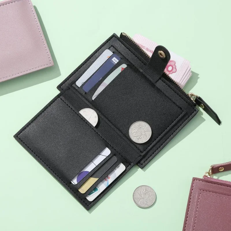 Cartera corta delgada para mujer, monedero plegable con cremallera para tarjetas de crédito, monedero de Color sólido, billetera multicapa de gran capacidad