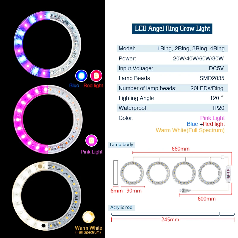 Luz LED para cultivo de plantas, lámpara hidropónica de espectro completo, DC5V, USB, Phyto, flores vegetales, Phyto, anillo de Ángel para interiores