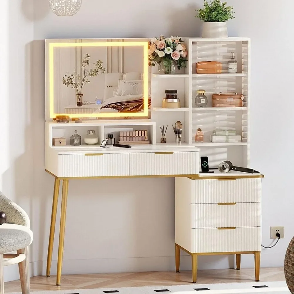 

Fluted Vanity Desk with Mirror and Lights, Makeup Vanity Desk with 5 Drawers & Shelves,3 Color Adjustable Lighting, Power Outlet