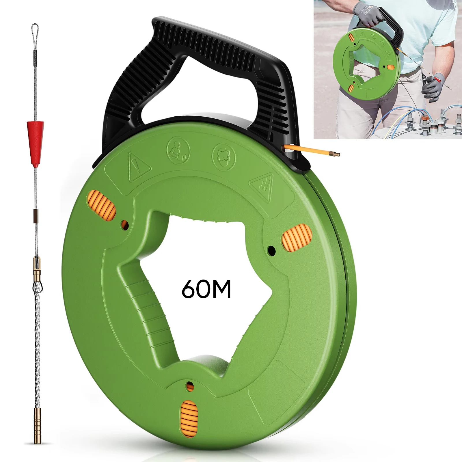 Retractable Cable Pulling Aid 60 m/45 m, 4 mm Diameter Cable Puller Fish Tape Reel Pull Wire Retracting Spiral with Guide Spring