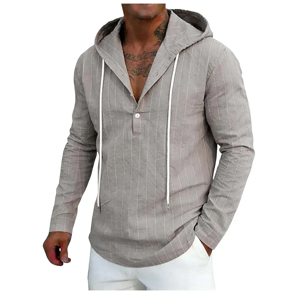 Summer Men's Linen Shirt Streetwear Striped Long Sleeve Hooded Shirts For Men Beach Casual Button Down Shirt Tops Mens Clothing