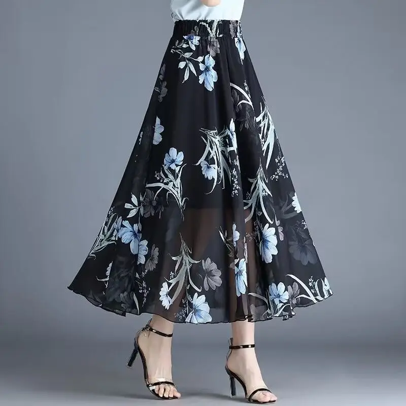 

Women High Waist Floral Print Chiffon Maxi Skirt A Line Casual Long Flowy Skirt For Summer