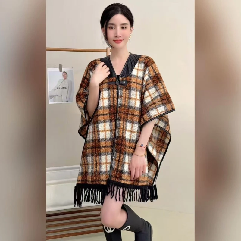 

Cardigan Women Cloak Shawl Tassel V Neck Full Sleeve Plaid Y2k Streetwear Elegant Splice Knit Open Stith Autumn Winter 2025