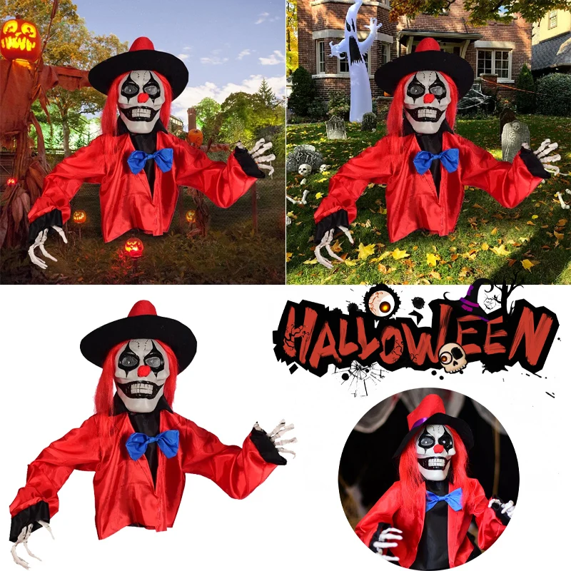 

LED Clown Halloween Decoration Motion-Sensing Terrifying Laugh Weather-Resistant Ground Stake for Porch Party Scenes