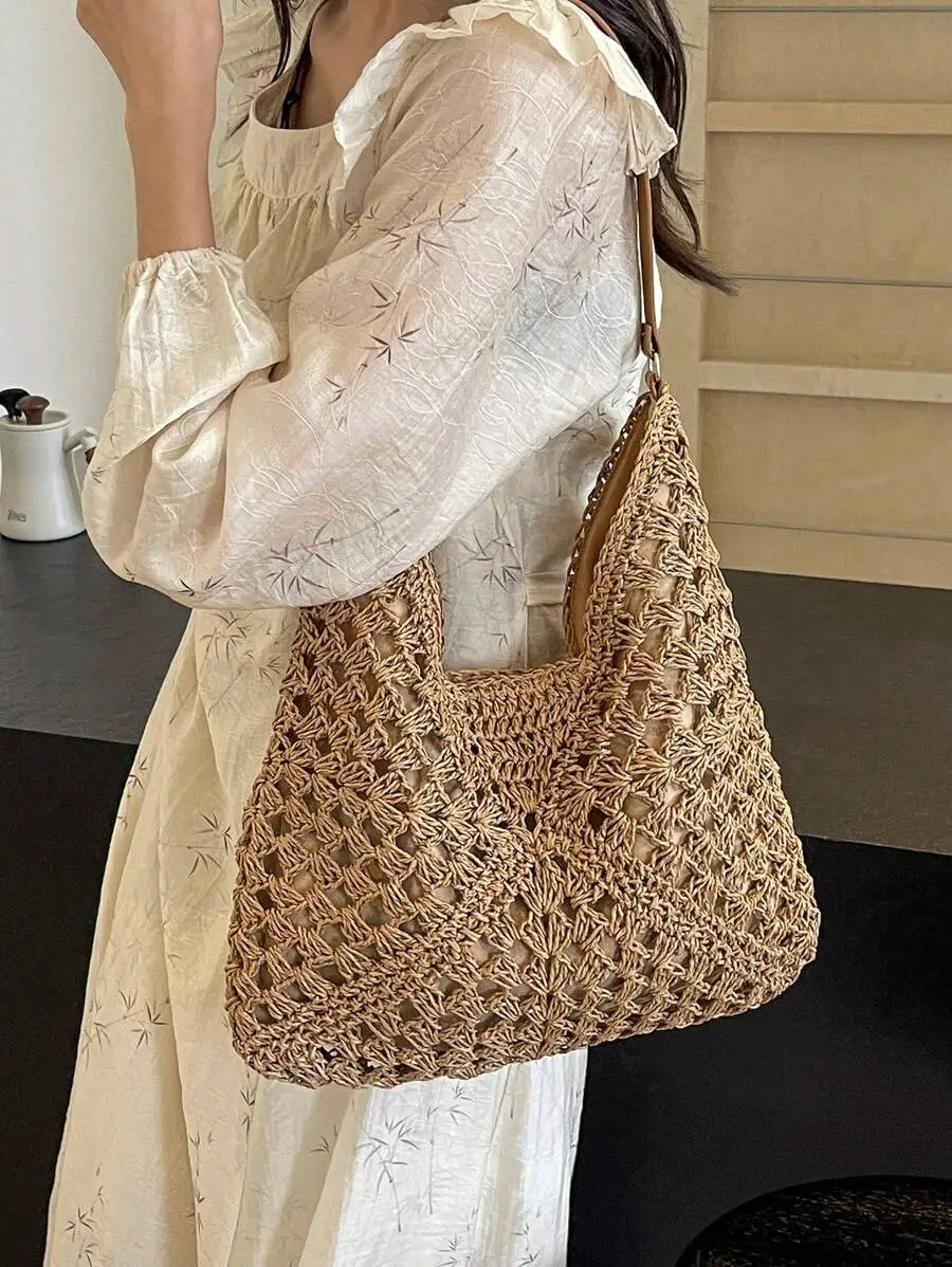 

Woven Plaid Contrast Tote Bag, Large Straw Beach Bag for Women Summer Vacation Daily Use