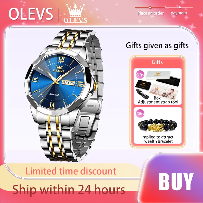 

OLEVS Original Men Watch Calendar Week Roman Bar Scale Quartz Watch for Man Prismatic Mirror Surface Waterproof Fashion Watch