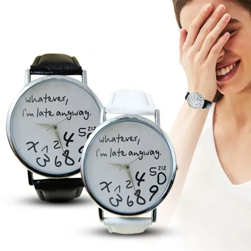 Simple Women Watches Ladies Dress Big Dial  Leather Watches Whatever I Am Late Anyway Letter Watch for Students Reloj De Mujer