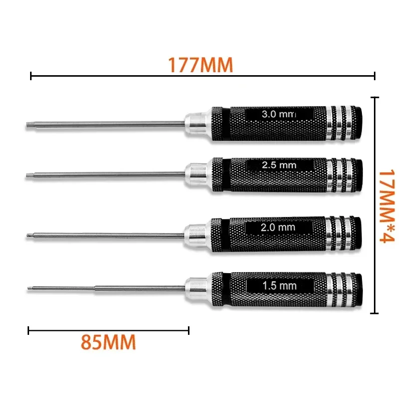 Juego de destornilladores hexagonales de 4 piezas, herramientas de control remoto endurecidas con revestimiento de titanio 1,5, 2,0, 2,5, 3,0mm, destornillador para juguetes de helicóptero