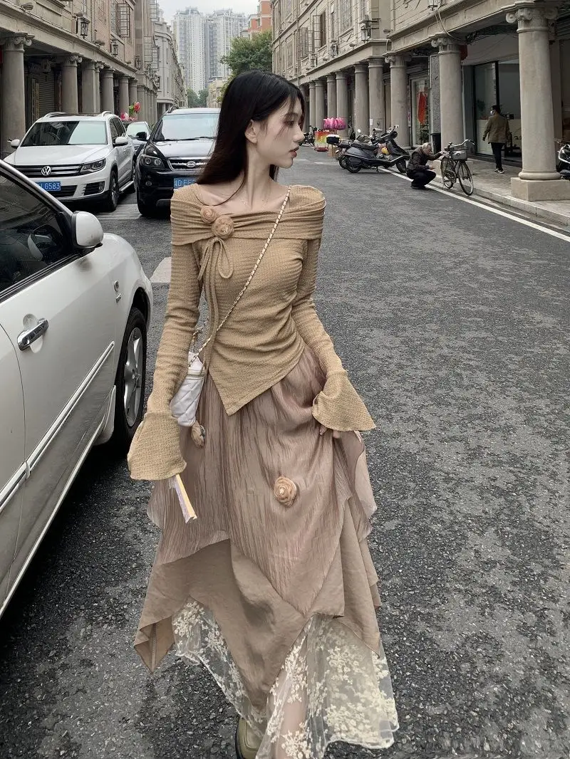 Elegant Women Two Pieces Set New Design Irregular Tops Vintage Gentle Ladies Midi Skirt High Quality Female Outfit 2024 Suit