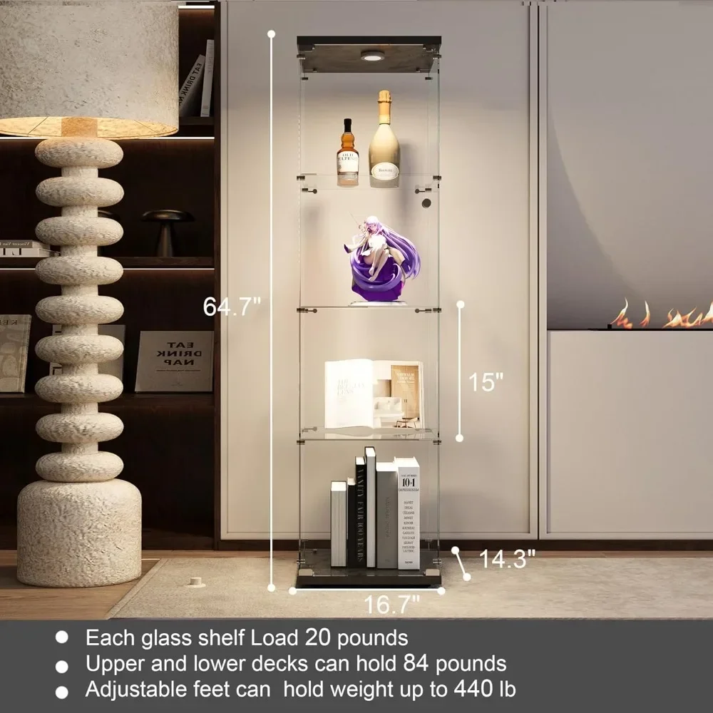 XMSJ Glass Cabinet with LED Light, 4 Shelves Glass Display Cabinet with Door,Floor Standing Bookshelf Corner Cabinet