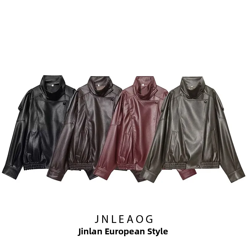 

Faionable Versatile Women's Faux Leather Jaet Outerwear JNLEAOG Autumn New Arrival Stand Fit ort Coat with kets