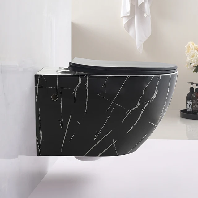 Modernes Design, mattschwarz, Wandmontage, WC, Badezimmer, Keramik-Toilette, randloser Marmor-Toilettenschüssel