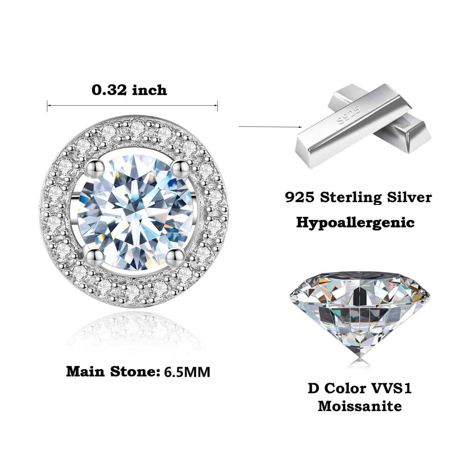 Teal Moissanite Stud Earrings Women\'s 1+1 Carat 18K Gold Plated S925 Silver Party Anniversary Jewelry with Certificate