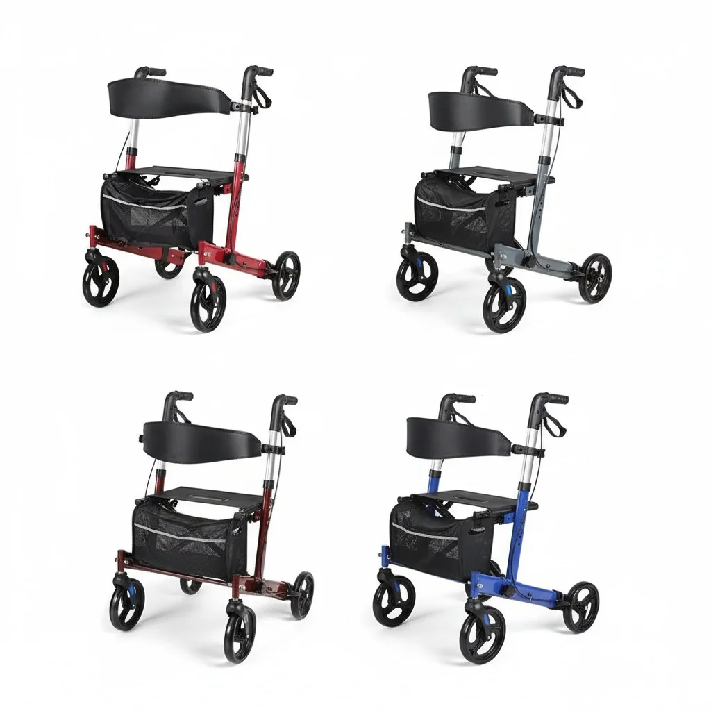 Aluminum Rollator Walker, 120kg 4 Wheel Mobility Aid, Foldable Mesh Seat Rollator, Adult Walking Assistance, Home and Outdoor