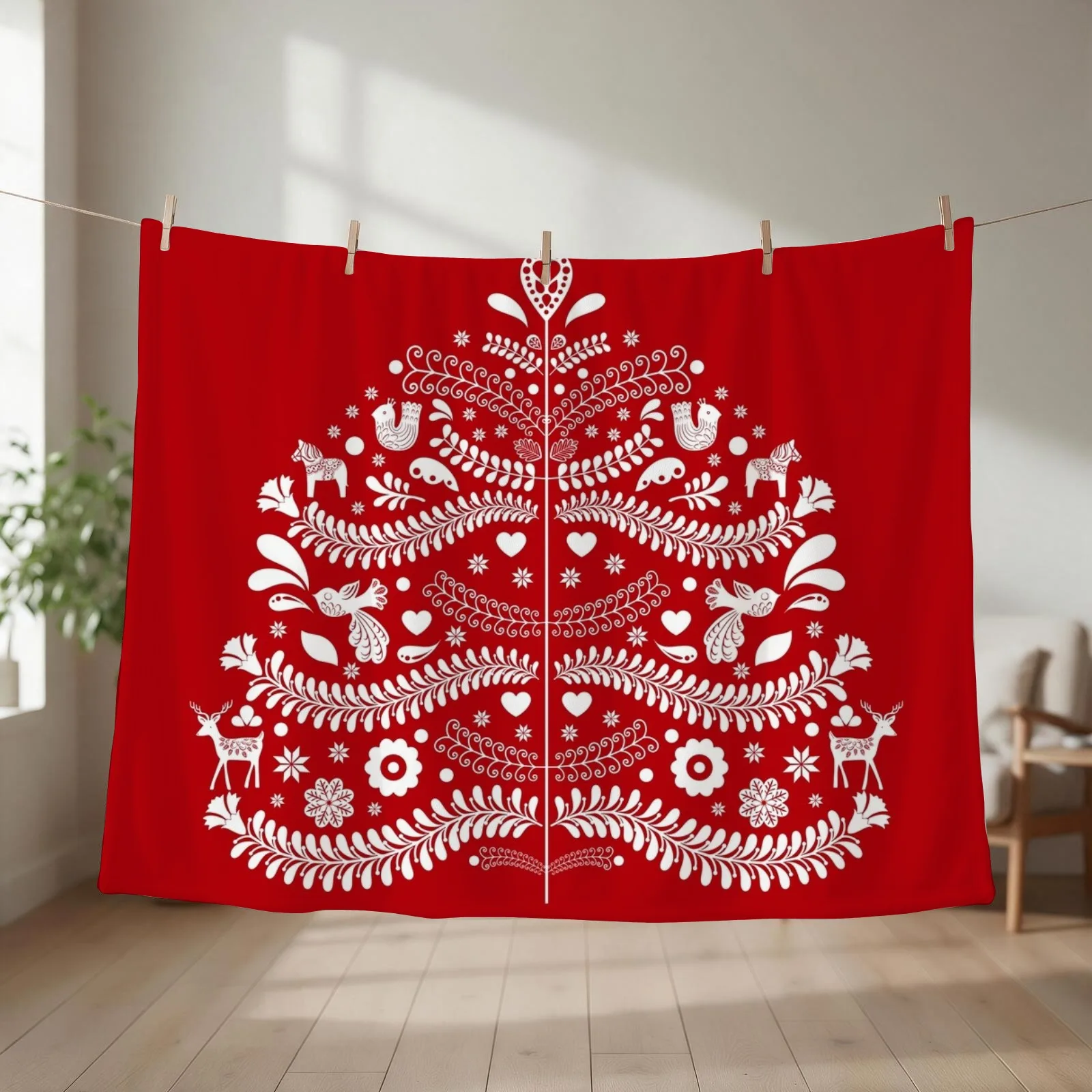 White Scandinavian Christmas Tree on Red Throw Blanket couch cozy soft plush fuzzy picnic outdoor blanket