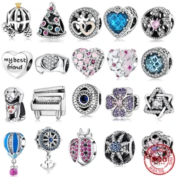 100% Authentic 925 Sterling Silver Pink Heart Crystal Clear Zircon Beads Fit Original European Charms Bracelet Jewelry Making