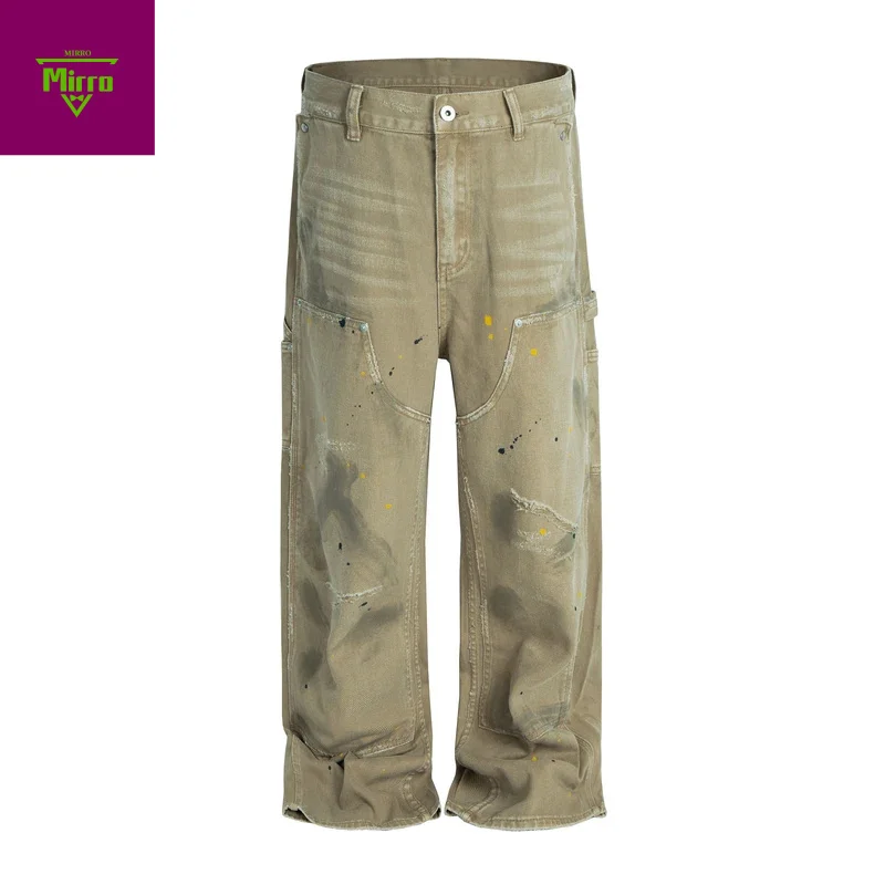 

Уличная одежда с крапками, свободная посадка, рабочая одежда, мужские универсальные джинсы, мешковатые прямые брюки до колена, джинсовые рваные джинсы-карго