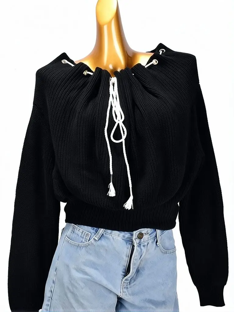 

Korean Lace Up Off Shoulder Sweater Women Long Sleeve Boat Neck Drawstring Oversize Pullover Black Vintage Fashion Crop Knitwear