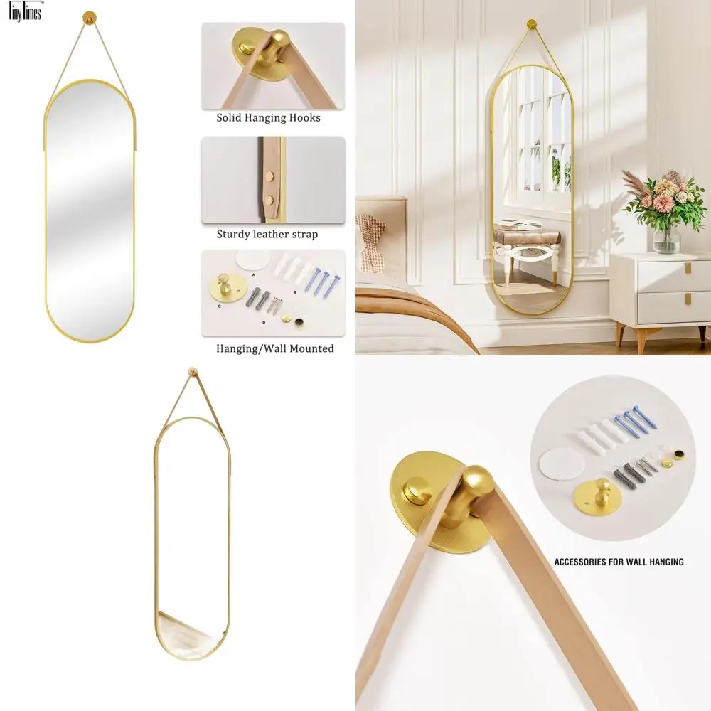 

Овальное настенное зеркало 48x16 с кожаной рамкой для декора ванной, гостиной и спальни, золотистое