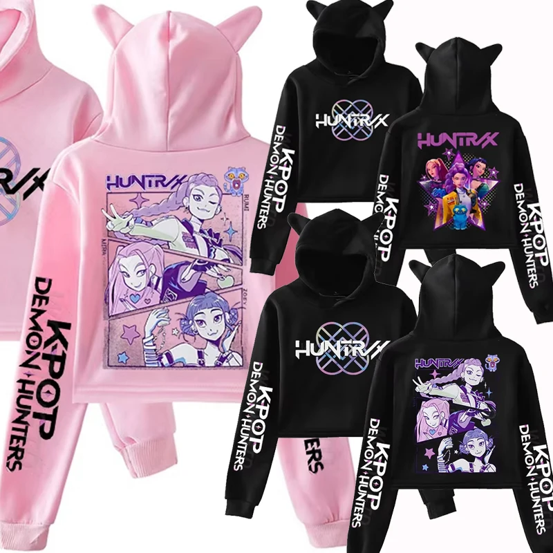

Anime KPop Demon Hunters Cropped Hoodies Women Girls Fashion Streetwear Sweatshirts Long Sleeve Cat Ears Pullovers Short Tops