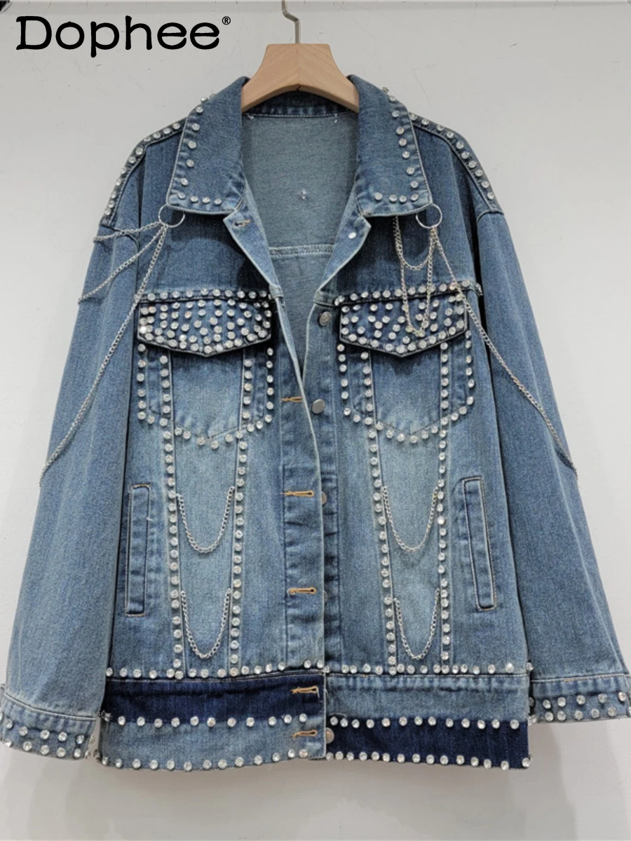 

Heavy Industry Chain Rhinestone Denim Jacket for Women 2023 Autumn New Popular Lapel Single Breasted Coat Trendy Jeans Jacket