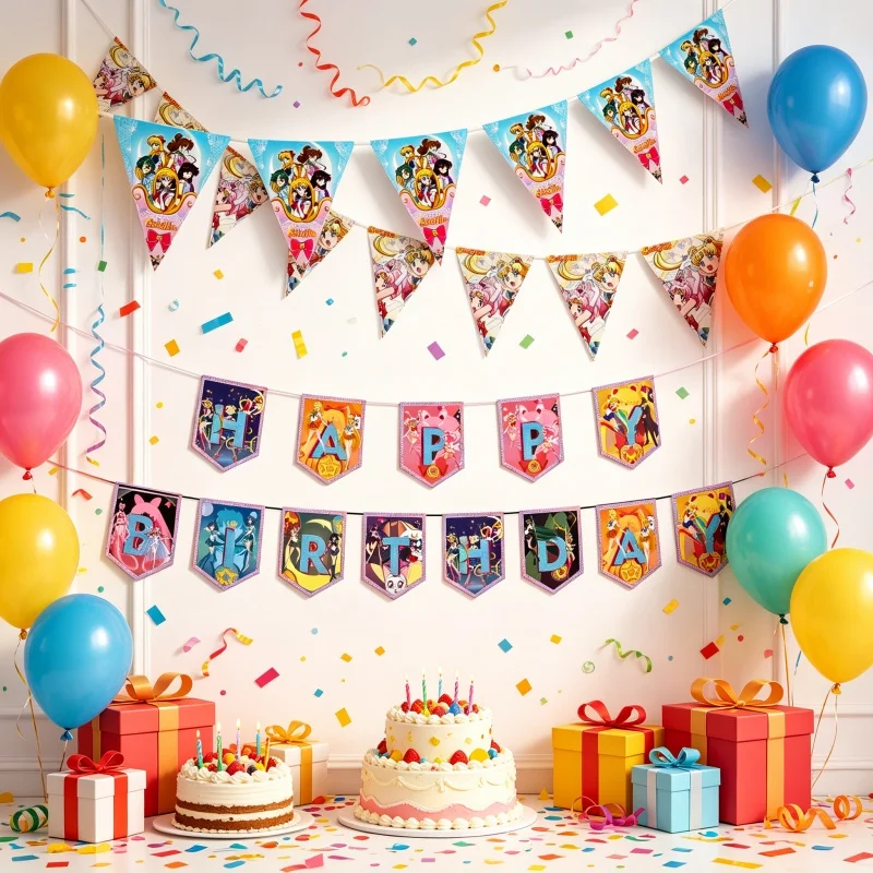 Sailor Moon Themenparty-Dekorationen: Einweggeschirr, Tassen, Teller, Flaggen, Strohhalme, Banner, Kuchen, Geburtstag, Feiertagsparty-Zubehör – Detail 5