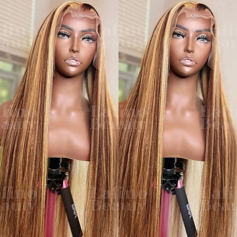 

4/27 Bone Straight Highlight Wig Human Hair 13x6 HD Lace Frontal Wigs Ombre Honey Blonde Colored Straight for 4/27