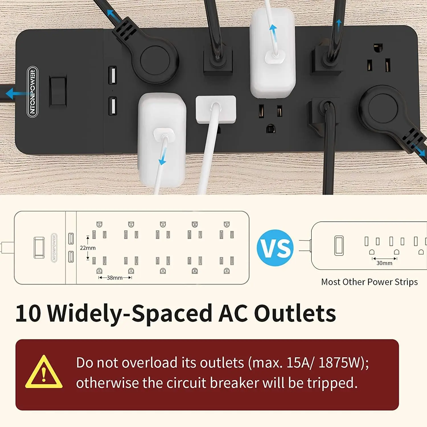 US Plug Power Strip 10 AC Outlets 2 USB Ports 25 Ft Extension Cord 1080J Surge Protection Network filter socket extension