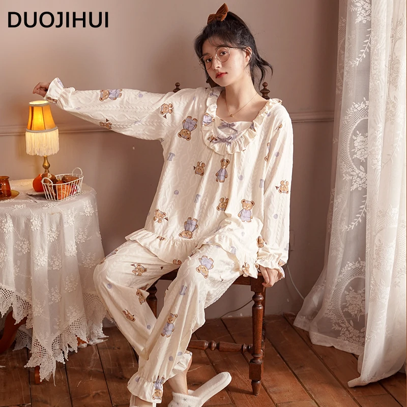 DUOJIHUI Autumn Classic Two Piece Loose Female Pajamas Set New Sweet Pullover Simple Pant Fashion Casual Home Pajamas for Women