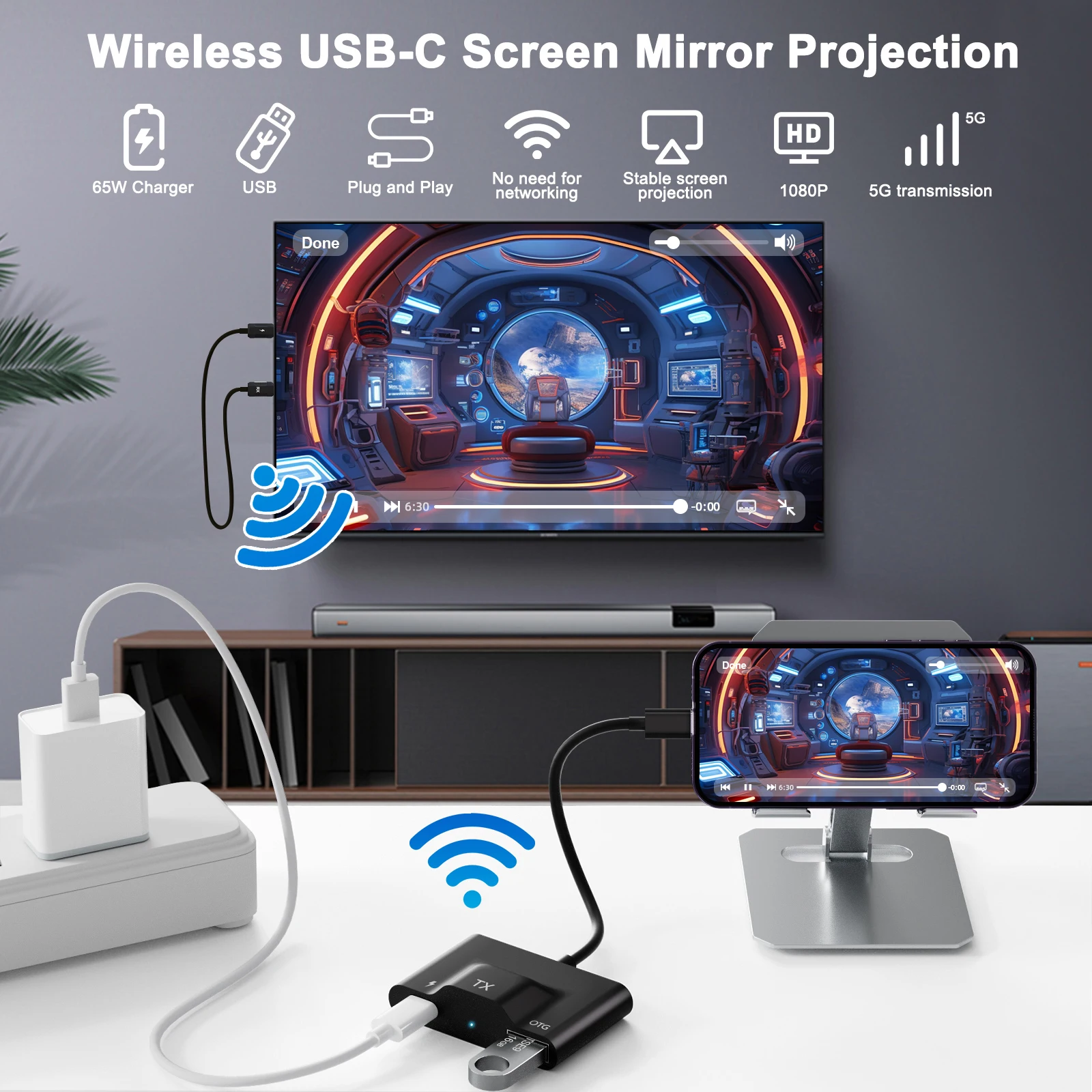 Wireless USB C to HDMI transmitter and receiver Adapter/Wireless display adapter Extender TV Suitable for iPhone 15 /Macbook