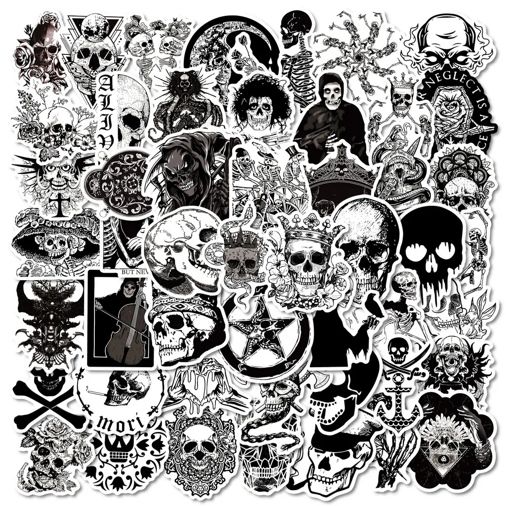 50 Pcs New Black & White Gothic Style Skull Series PP Waterproof Stickers - Decorative Decals(LanLanStickersWorld Store)