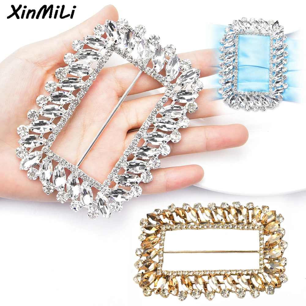 Silver Gold Color Large Rectangle Rhinestone Crystal Metal Buckle for Dress Belt Sash Shoes Bags Decorative Accessories