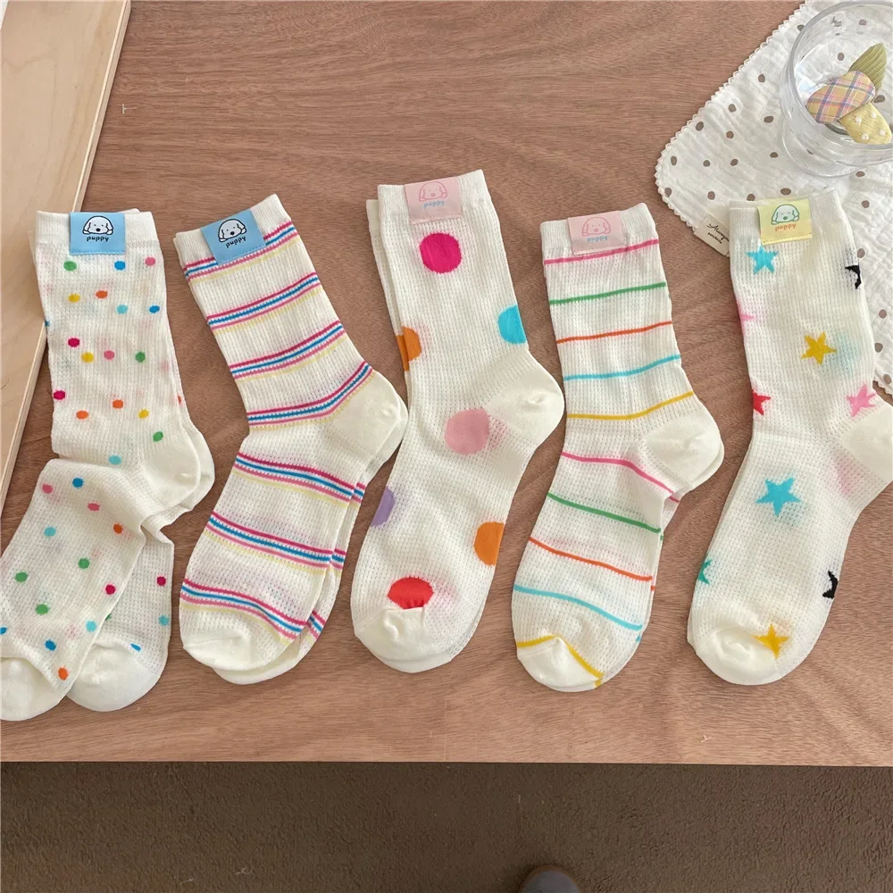 

Polka Dot Socks Women Summer Mesh Thin Breathable Long Socks Multicolor Striped Harajuku Japanese Kawaii Cute Middle Tube Socks