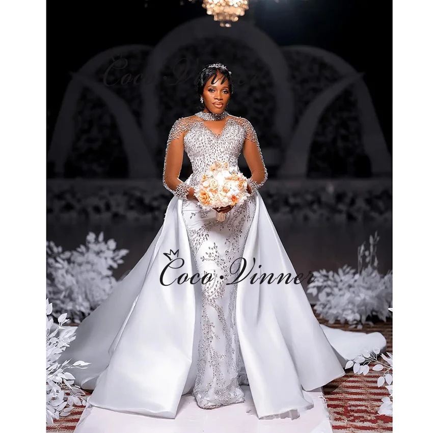 Robe de mariée sirène en Satin de haute qualité, personnalisée, Style 2 en 1, perles lourdes, avec traîne détachable, W1407