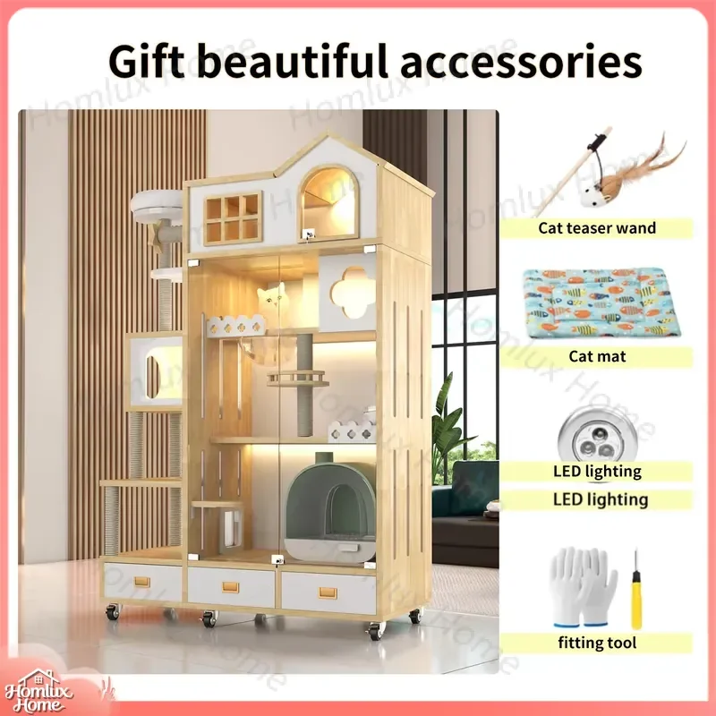 Luxury Large Wooden Cat Villa Elevated Cat House Cage Premium Pet Bed Apartment Indoor Outdoor Animal Pattern Furniture