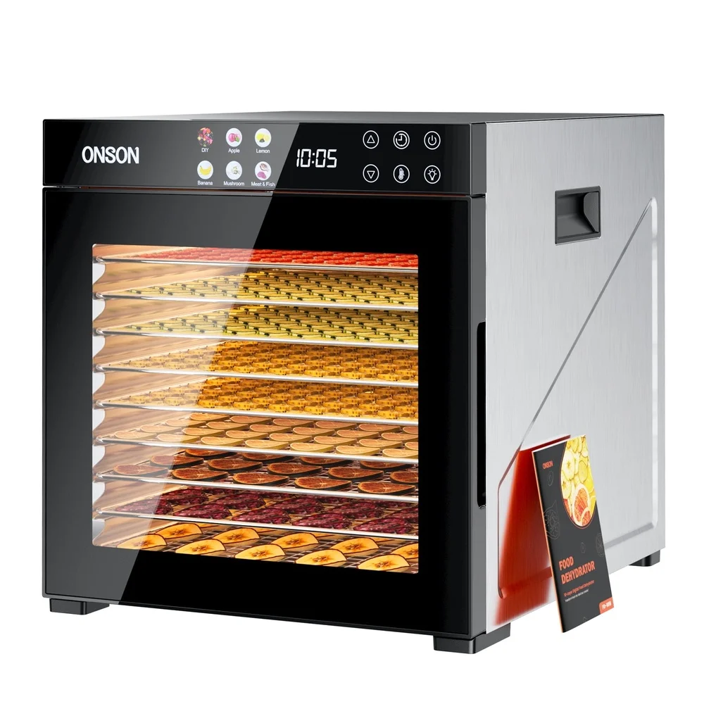 10 صينية مجفف الطعام 1000 واط عالية الطاقة الفولاذ المقاوم للصدأ مجفف رقمي قابل للتعديل درجة الحرارة الموقت متشنج الفواكه الخضروات الكلب