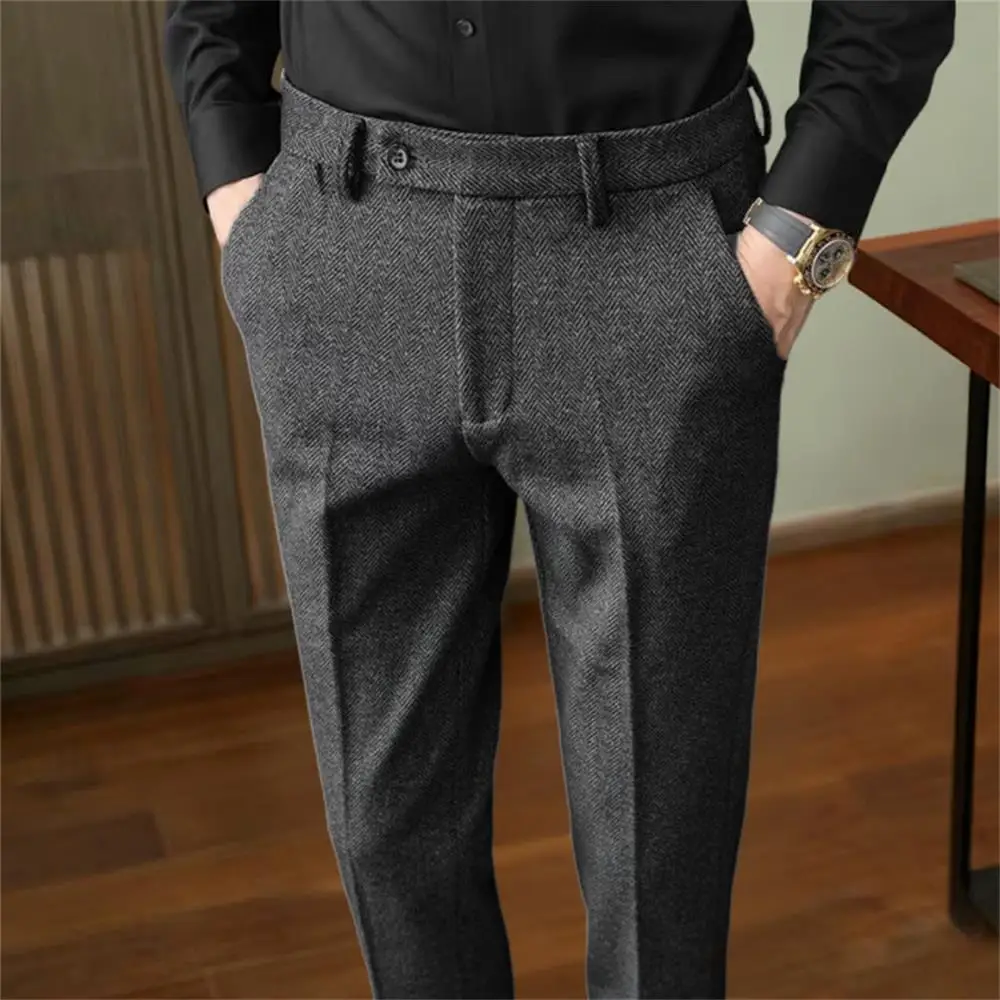 

Herringbone Men's Suit Pants wool blend Black casual straight leg pants business casual Thick Men Trouser