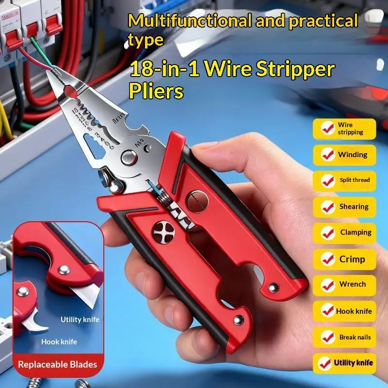 Heavy Duty 18 in 1 Multifunctional Electrician Pliers Wire Stripper Crimper Cutter for Electrician Apprentice Daily Repair Work