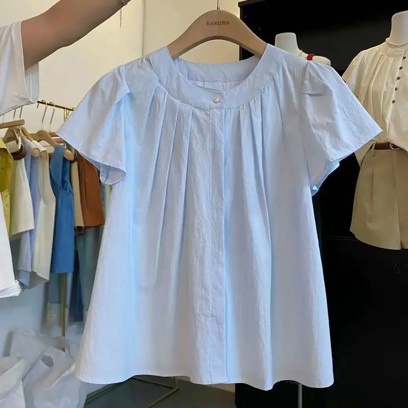 Damenbluse mit gerafftem Ausschnitt, Rundhalsausschnitt mit Perlenknopfdetail, Puffärmel, locker sitzendes Freizeit-Oberteil für Frühling und Sommer
