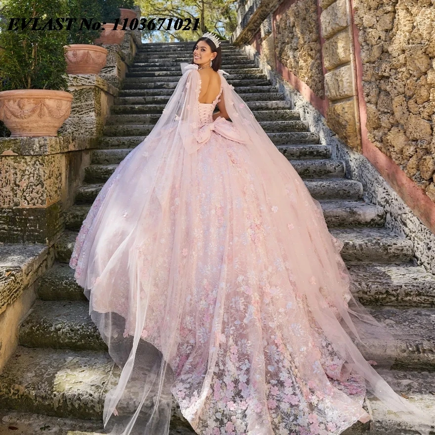 EVLAST Shiny Blush Pink Quinceanera Dress Ball Gown 3D Floral Applique Beading With Cape Bow Sweet 16 Vestidos De 15 Anos SQ214