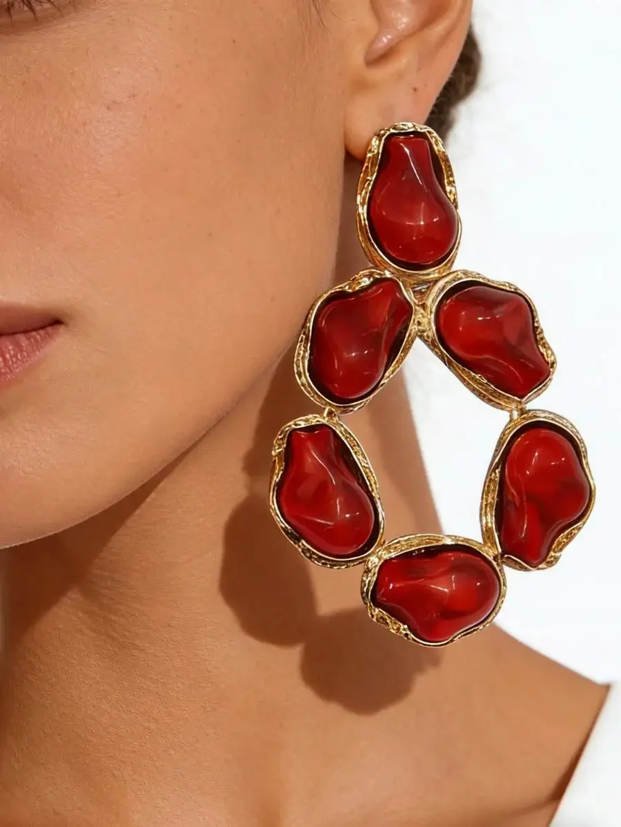 Vintage Asymmetrical Baroque Red Resin Statement Earrings For Women Party Evening