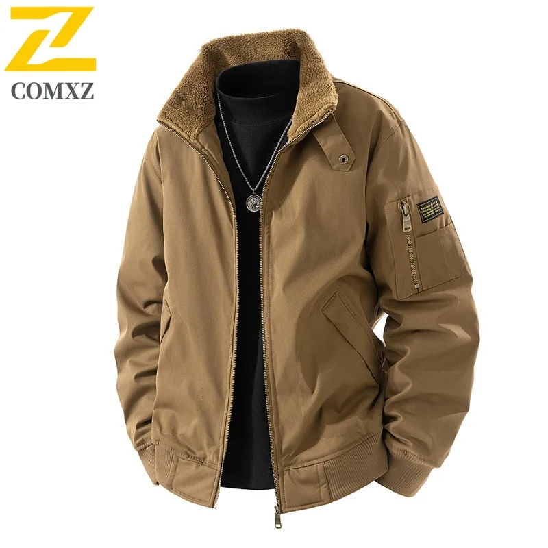 

COMXZ 2025 Middle Aged Men Fleece Lined Cotton Jacket Winter Sherpa Stand Collar Coat Thick Warm Workwear Outerwear Casual Parka