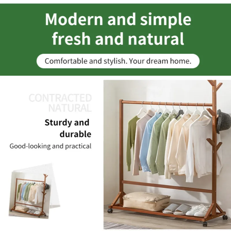 Bedroom Living Room Floor Clothes Rack Solid Wooden Hanging Clothes Rack Clothes Hat Racks