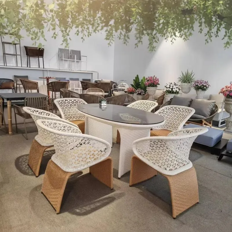 Deluxe 7-piece PE rattan garden furniture set, modern outdoor terrace dining table and chairs, suitable for living room or