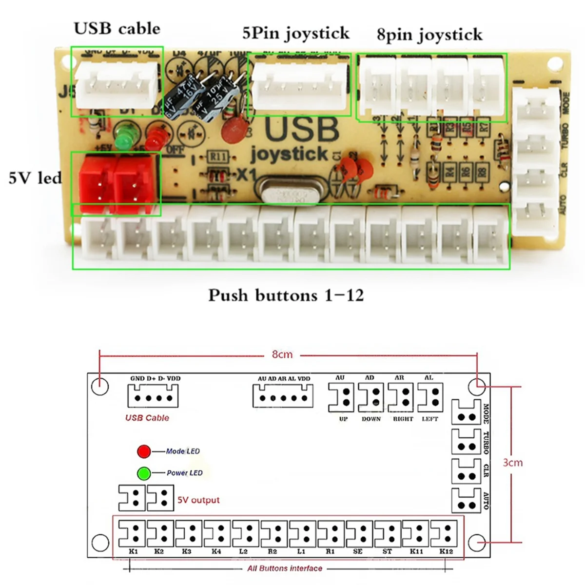 N-A12R Zero Delay Arcade DIY Arcade USB Encoder to Joystick for PC/PS3/Raspberry Pi/Android with SANWA Joystick 4.8MM BUTTON
