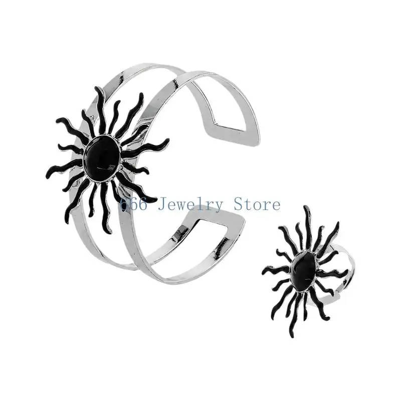 F2TD Adjustable Bracelet and Ring Set with Sun Design for Everyday Accessories
