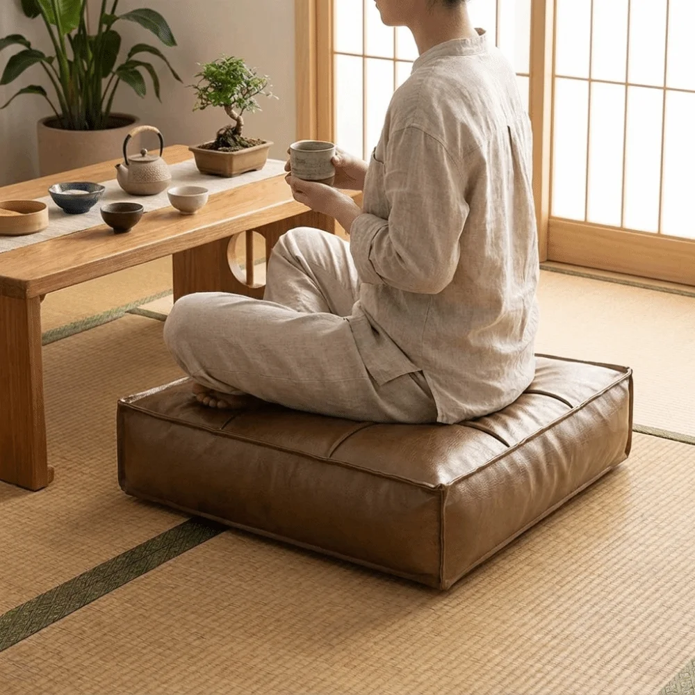 Nine Grids PU Leather Tatami Sitting Mat Waterproof Thickened Storage Leg Bench Soft Pure Color Decorative Ottoman Living Room