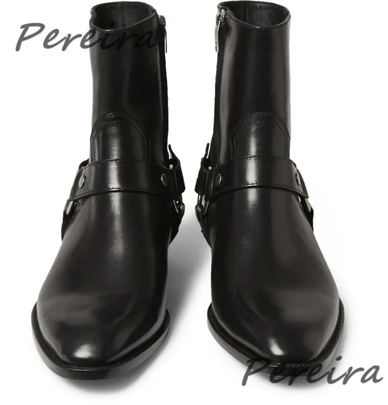 British Style Suede Chelsea Boots Men\'s Black Cowhide Metal Ring Ankle Booties Autumn Winter New Round Toe Side Zipper Men Shoes