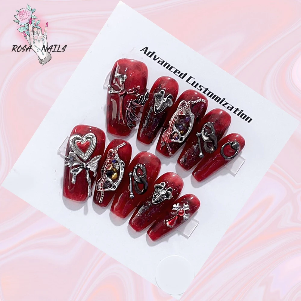 

Gothic Red Press on Nails Cross Wings Medium Coffin Fake Tips Heart Charms Punk Style Blood Color Manicure Acrylic Stick on Nail