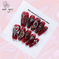 Gothic Red Press on Nails Cross Wings Medium Coffin Fake Tips Heart Charms Punk Style Blood Color Manicure Acrylic Stick on Nail